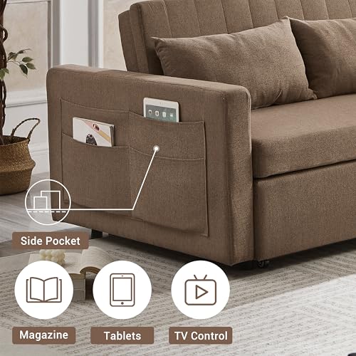 N NOORDENIYA 55.5" Fabric Convertible Sofa Bed, Pull Out Sleeper Sofa Bed, Loveseat Couch with Side Pocket, 3 in 1 Convertible Sleeper Sofa Bed for Living Room, Apartment, Bedroom, RV, Brown N NOORDENIYA