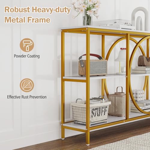 Giantex Narrow Long Console Table, 3-Tier Entryway Table with Faux Marble Top & Heavy-Duty Metal Frame, Mid-Century Accent Sofa Tables with Open Storage Shelves for Living Room, Hallway(White+Gold) Giantex
