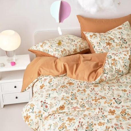 Wake In Cloud - Floral Bedding Set for Girls, Cute Colorful Botanical Flowers Patterned Soft Lightweight Comforter Set with Sheets, 5 Pieces Kids Bed in a Bag, Orange Cream, Twin Size Wake In Cloud
