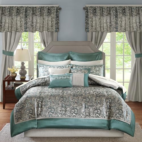Madison Park Essentials Brystol 24 Piece Room in a Bag Faux Silk Comforter Jacquard Paisley Design Matching Curtains Down Alternative Hypoallergenic All Season Bedding-Set, King (104 in x 92 in), Teal Madison Park