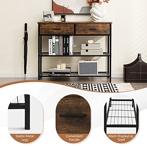 Giantex 39.5” Console Table with Storage Drawer - Entryway Table with 2 Drawers, 2-Tier Shelves, Anti-Toppling Design, Metal Frame, Sofa Side Table for Hallway, Living Room Entry Table (Brown) Giantex