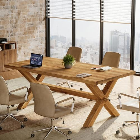 TRIBEWOOD 5.25 FT Solid Wood Conference Table for 4-6 People, Rectangle Meeting Seminar Table with Large Tabletop, Reinforced X-Shaped Legs and Crossbeams for Office Conference Room, Natural Wood TRIBEWOOD