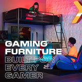 X Rocker Fortress Video Gaming Twin Loft Bed, Durable Black Metal Bed Frame, Built-in Desk and 3 Shelves, 77.64" x 59.17" x 72.05" X Rocker