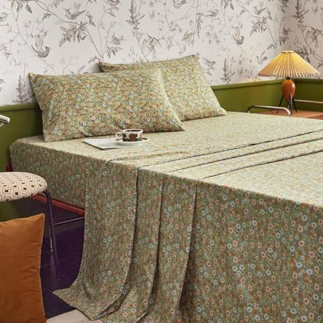 Wake In Cloud - Floral Bed Sheets, 4-Piece Sheet Set, Shabby Chic Flower Pattern Printed Country Coquette Cottage Aesthetic Bedding, Deep Pocket, Olive Green, King Size Wake In Cloud