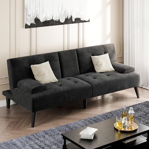 Shintenchi Futon Sofa Bed, Velvet Foldable Couch, Reclining Sleeper with Removable Armrests, Upholstered Loveseat Sofa Couch with Folding Cup Holders for Home, Office(Black) Shintenchi