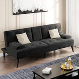 Shintenchi Futon Sofa Bed, Velvet Foldable Couch, Reclining Sleeper with Removable Armrests, Upholstered Loveseat Sofa Couch with Folding Cup Holders for Home, Office(Black) Shintenchi