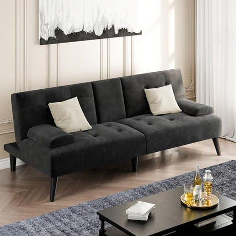 Shintenchi Futon Sofa Bed, Velvet Foldable Couch, Reclining Sleeper with Removable Armrests, Upholstered Loveseat Sofa Couch with Folding Cup Holders for Home, Office(Black) Shintenchi