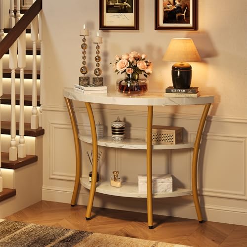39.4" Console Table with Half Moon Wood Shelves, 3 Tier Modern Entryway Table with Curved Metal Frames, Narrow Sofa Couch Table for Hallway, Entrance, Living Room, Foyer, White Marble & Gold knoworld