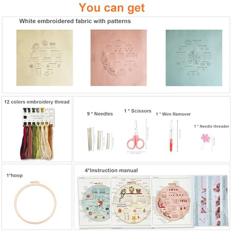 Myfilicity Embroidery Beginners Stitch Practice kit, 3 Embroidery Starter Kits, Learn 30 Different Stitching Techniques for Craft Enthusiasts to Hand-Stitch Fabric and Learn Embroidery Skills… Myfelicity