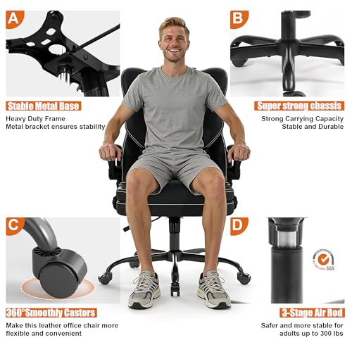 Ergonomic Office Chair with Flip-up Armrests 300lbs,Middle-Tall Computer Office Desk Chair with Lumbar Support,Executive Leather Chair with Rocking Function Adjustable Height for Home Office Box DesignLab