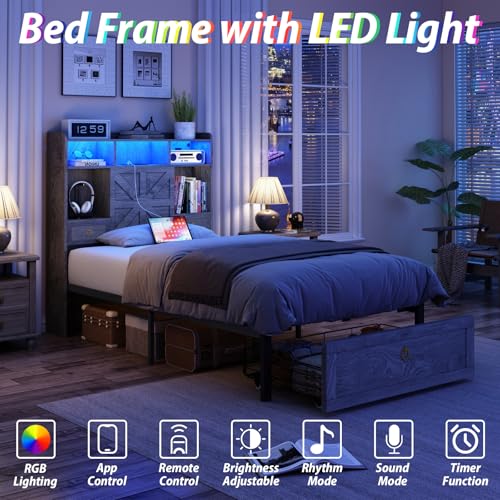 TIGUBFRE Twin Bed Frame with Storage Headboard, Farmhouse Wood Bed Frame Twin Size with 3 Drawers, LED Light & Charging Station, Metal Slats Support, Noise Free, No Box Spring Needed, Rustic Gray TIGUBFRE