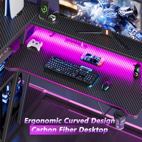 Korfile 40 Inch Gaming Desk with Power Outlet & LED Lights, L Shaped Computer Gaming Table with 3 Tiers Storage Shelves, Corner Gamer Desk with Monitor Stand for Small Space, Carbon Fiber Black Korfile