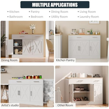 SUNLEI Sideboard Buffet with Storage, Farmhouse Kitchen Cabinet with 3 Doors and 2 Drawers, Coffee Bar Cabinet with Storage for Living Room, White SUNLEI