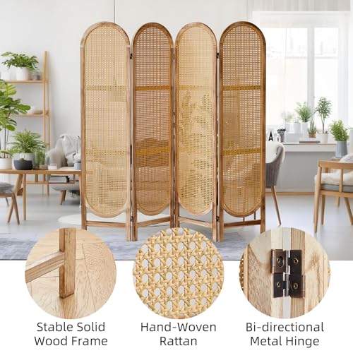 Asnefeli 4 Panel Room Divider, Double Hinged Foldable Wooden Room Divider, Individual Privacy Screen Made of Hand-Woven Rattan, Portable Wall Divider for Home Office Bedroom Bathroom (Natural) Asnefeli