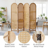 Asnefeli 4 Panel Room Divider, Double Hinged Foldable Wooden Room Divider, Individual Privacy Screen Made of Hand-Woven Rattan, Portable Wall Divider for Home Office Bedroom Bathroom (Natural) Asnefeli