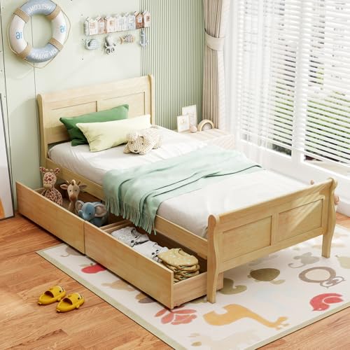 Giantex Twin Bed with 2 Storage Drawers, Wood Platform Bed with Headboard & Footboard, Wooden Slats Support Mattress Foundation, Twin Bed Frames for Kids Teens Adults, No Box Spring Needed (Natural) Giantex