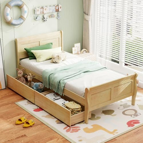 Giantex Twin Bed with 2 Storage Drawers, Wood Platform Bed with Headboard & Footboard, Wooden Slats Support Mattress Foundation, Twin Bed Frames for Kids Teens Adults, No Box Spring Needed (Natural) Giantex