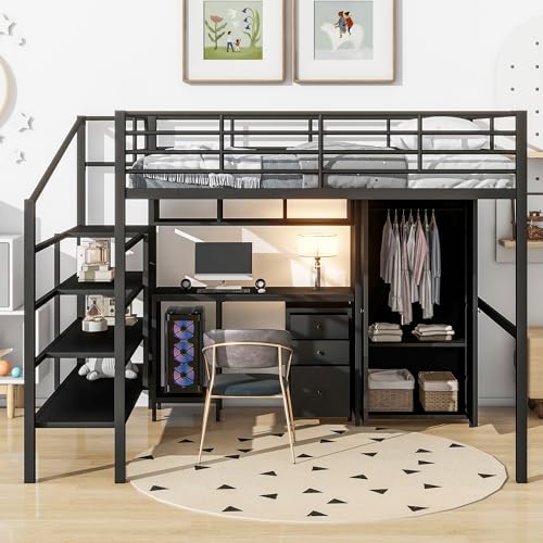 Metal Loft Bed Full Size with Desk, Wardrobe, Storage Cabinet, Ladder,Stairs and Guardrail, Sturdy Framework, No Noise Merax