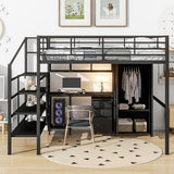 Metal Loft Bed Full Size with Desk, Wardrobe, Storage Cabinet, Ladder,Stairs and Guardrail, Sturdy Framework, No Noise Merax