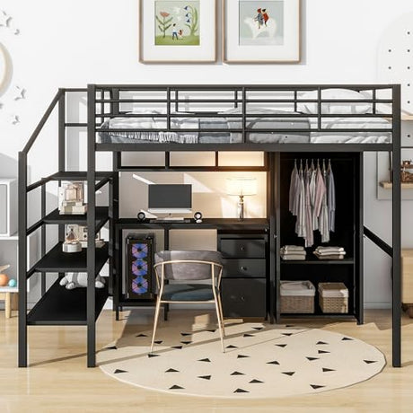 Metal Loft Bed Full Size with Desk, Wardrobe, Storage Cabinet, Ladder,Stairs and Guardrail, Sturdy Framework, No Noise Merax