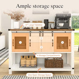 Farmhouse Coffee Bar Cabinet with Sliding Barn Doors and Storage - 47'' White Coffee Table with Open Shelf for Living Room 4ever2buy