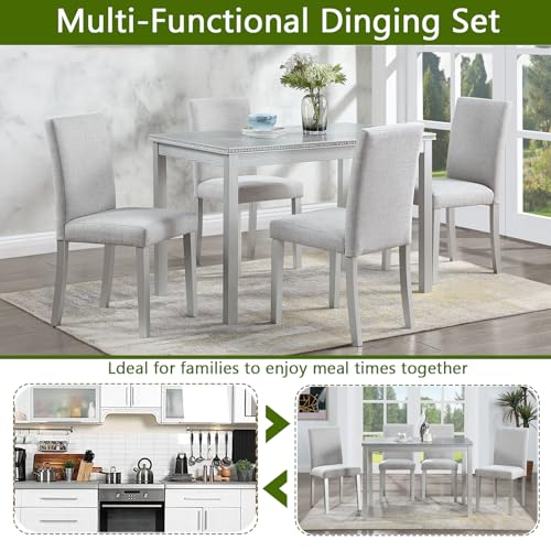 KEIKI 5-Piece Standard Height Dining Table Set with Rectangular Table and 4 Upholstered Chair, for 4 Person, Crystal Decoration Wooden Table Set, Easy Assembly, for Kitchen, Dining Room, Silver Grey KEIKI