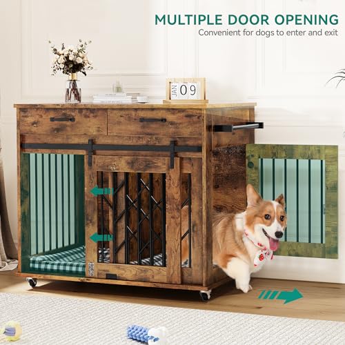 YITAHOME Dog Kennel Furniture for 2 Dogs, 39 inch Doble Dog Crate with Storage Drawers, Indoor Wooden Dog House Heavy Duty for 2 Small Medium Dogs, - WoodArtSupply