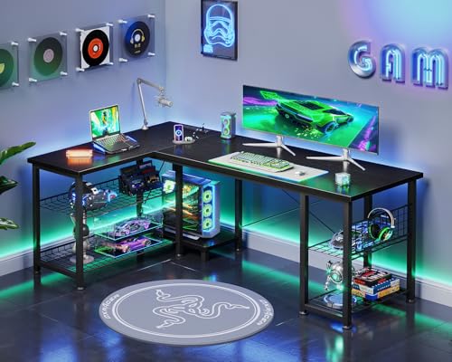 Casaottima 51 Inch L Shaped Gaming Desk with Shelves & Power Outlets, Reversible Computer Desk with Storage Shelves for Home Office, Black Casaottima