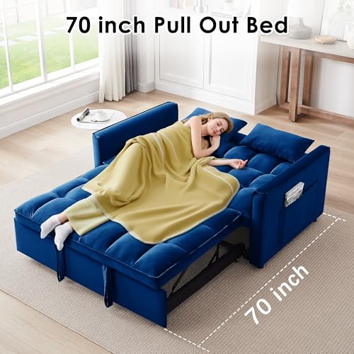 tiramisubest Sleeper Sofa Bed,55'' Convertible Pull Out Couch with Side Pockets,Velvet Fabric Loveseat Sleeper Sofa with Adjustable Backrest for Living Room,Apartment(Blue) tiramisubest