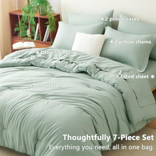 CozyLux Queen Comforter Set Sage Green, 7 Pieces Bed in a Bag Queen Comforter Set with Sheets, Luxury Soft Bedding Sets with Down Alternative Comforter, Fitted Sheet, Flat Sheet, Pillowcases & Shams CozyLux