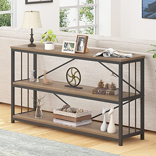 LVB Rustic Oak Industrial Console Sofa Table with 3-Tier Shelving for Entryway and Foyer LVB