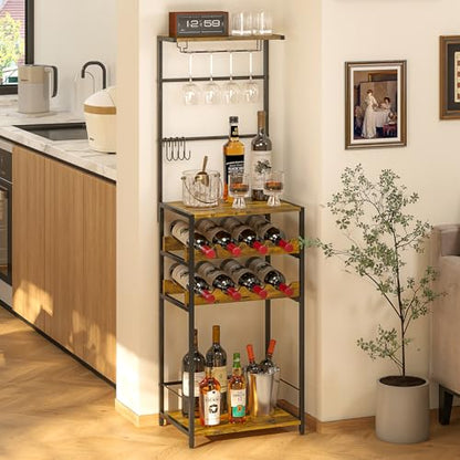 5-Tier Wine Rack Freestanding Floor, Liquor Bar Stand with Glasses Holder and 4 S Hooks, Corner Mini Bar Cabinet for Small Space, 8 Bottles Wine Bar Cabinet for Home, 11.81"D x 16.53"W x 53.55"H