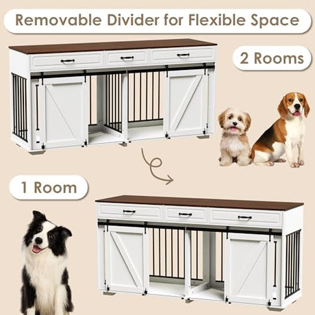 Zamildon's 71 in Dog Crate Furniture for 1 or 2 Dogs, Large Double Dog Cage with 3 Storage Drawers and Removable Divider, Dog Kennel Indoor As TV Stand with Sliding Barn Door Zamildon's