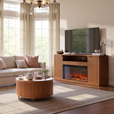 Evermagin 67" Walnut Fluted Fireplace TV Stand for TVs up tp 75", Mid-Century Modern Entertainment Center with Storage Cabinets and Doors, Wood Media TV Consoles for Living Room and Bedroom Furniture Evermagin