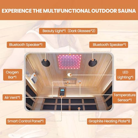 Outdoor Sauna 2 Person Sauna Infrared Saunas Dry Sauna Room 2080W/110V Low EMF Outer Board Red Cedar/Inner Board Fir Wood, Oxygen Bar, Speaker, LCD Control Screen, LED Lights - 48.8*38.2*81.9 in HOSAUNA