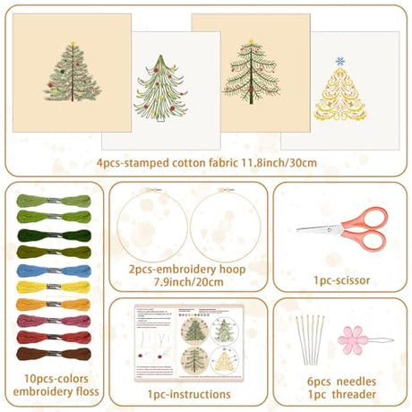 BEUNITONE 4PCS Christmas Tree Embroidery Kit Merry Christmas Stamped Snowflake Pine Tree Needlepoint Kit DIY Adult Beginner Stamped Cross Stitch Kit with Patterns and Instructions BEUNITONE