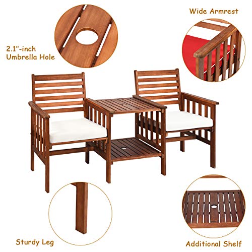 Tangkula Acacia Wood Loveseat, 3pcs Outdoor Table Chairs Set, Patio Conversation Set w/Coffee Table and Soft Cushions, 2.1-inch Umbrella Hole, 2-Seater Furniture Set (White) Tangkula