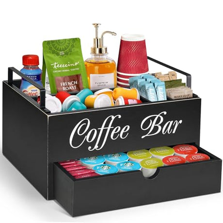 Coffee Bar Accessories Organizer Countertop, Wood Coffee Station Organizer with Handle, K Cup Storage Basket Coffee Pod Holders with Drawer, Farmhouse Coffee Condiment Organizer for Coffee Bar Decor ugiftt