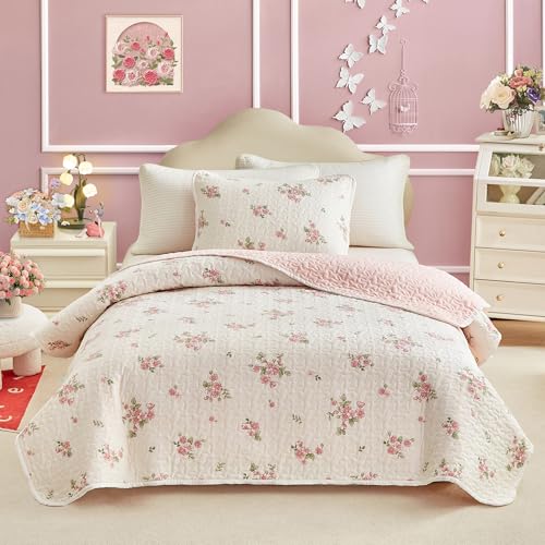 Joyreap Twin Size Quilt Set for Girls, Floral Pink n White Design, 2pcs Soft n Cozy Microfiber Quilt, Bedspread Bed Cover for All Season- 68x88 inches Joyreap