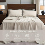 QKTE 100% Natural Linen Sheets Set 4 Piece - Washed Linen Bedding Set with 16" Deep Pocket Fitted Sheet, Flat Sheet & 2 Pillowcases, Breathable Durable for All Seasons (Linen, Queen) QKTE