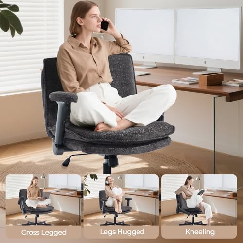 Morkprism Criss Cross Chair with Flip-Up Arms and Lockable Wheels, Plush Fabric Cross Legged Office Desk Chair,Wider 125°Tilting Adjustable Swivel Computer Chair for Home, Apartment, Bedroom,Black Morkprism