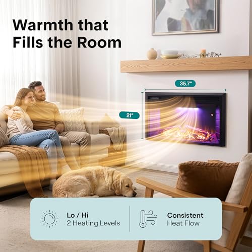 SereneLife Electric Fireplace Heater with LED Flame, Smart Wi-Fi, Remote, Thermostat, 13 Color Modes, Recessed or Wall Mounted Fire Place, Quiet Operation, Overheat Protection, Black Frame SereneLife