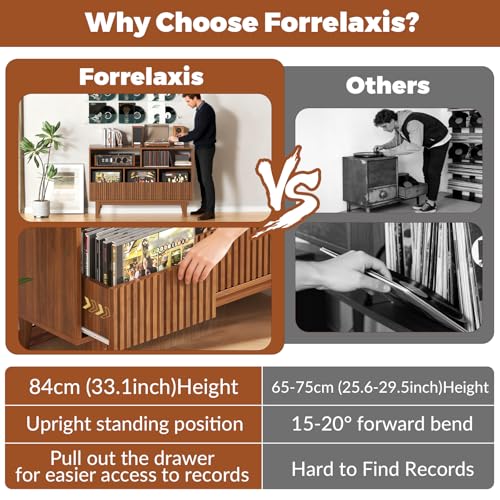 Forrelaxis 48" XL Record Player Stand with 3 Drawers, Mid Century Modern Vinyl Record Storage Cabinet Up to 285 LPs, Turntable Media Console Table for Living Room Bedroom(Walnut) Forrelaxis