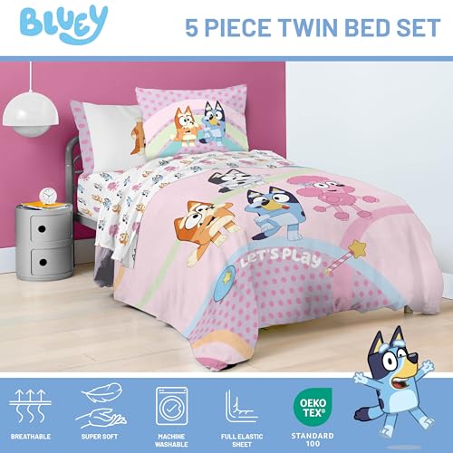 Jay Franco Kids Comforter Set Includes Sheets and Pillow Covers - Soft and Cozy Bed Set for Stylish Room Decor, Pink - Bluey 5 Piece Twin Size Bedding Jay Franco