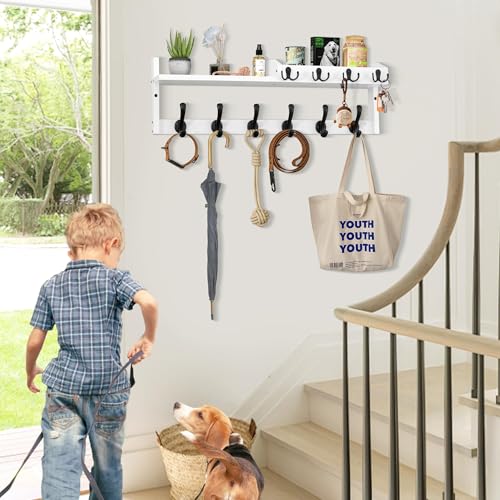 Coat Rack Wall Mount with Shelf, 27.5" Entryway Wall Hanging Shelf, Coat and Key Hanger with 10 Dual Hooks, Mail Organizer and Key Holder Hat Rack for Wall, Wood Coat Hooks with Storage GODDGITT