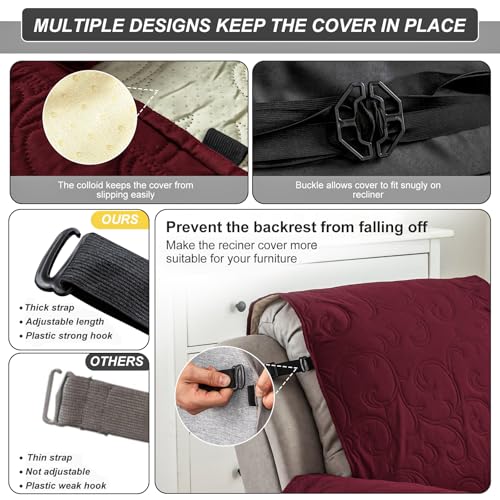 100% Waterproof Recliner Chair Cover, Recliner Chair Covers for Reclining Chair, Non-Slip Fabric Recliner Couch Cover for Living Room, for Pets Kids Protector, Washable (Wine Red, 23.6"Recliner Chair)