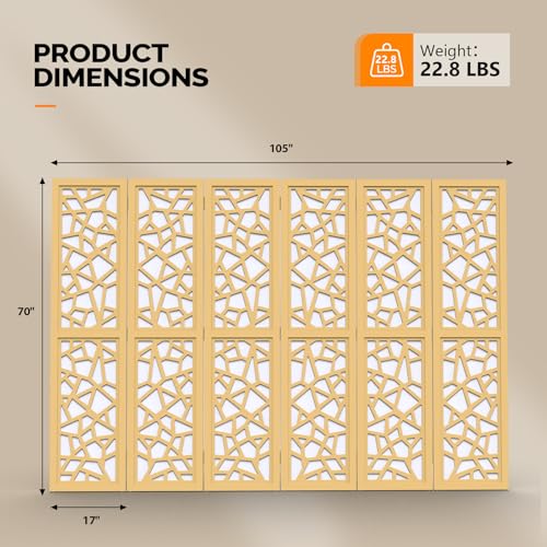 VINGLI 70'' H Room Divider, Non-Woven Fabric Privacy Screen, Indoor Partition Wall Dividers, Freestanding Hinged Space Separator with Modern Unique Pattern (Gold, 6 Panel) VINGLI