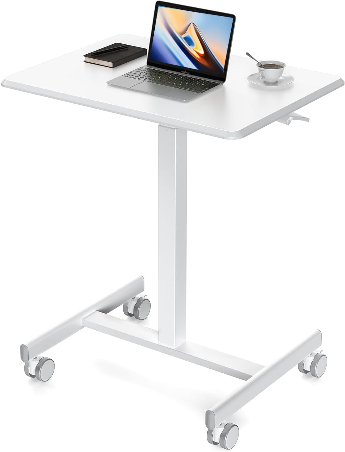 Sweetcrispy Small Mobile Standing Desk, Rolling Laptop Computer Carts, Portable Laptop Desk with Wheels, Adjustable Height Table for Home Office, White