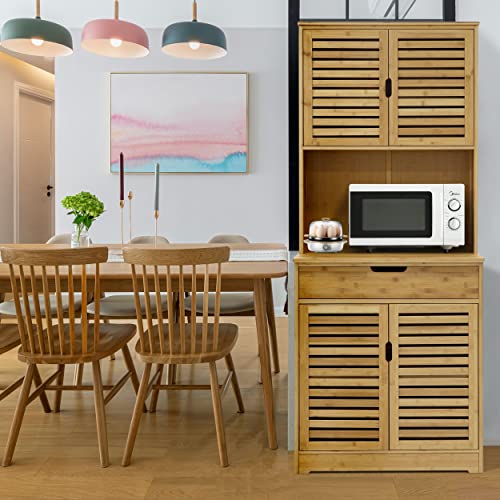 MUPATER Kitchen Pantry Cabinet Hutch Storage with Microwave Stand, 72'' Bamboo Freestanding Pantry Buffet Cabinet with Doors and Shelves for Home - WoodArtSupply