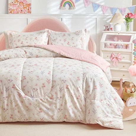 Joyreap 3pcs Cotton Comforter Set for Girls, Pink Floral Design, Twin Size Soft n Cozy Bedding Comforter Set for All Season- 68x88 inches Joyreap